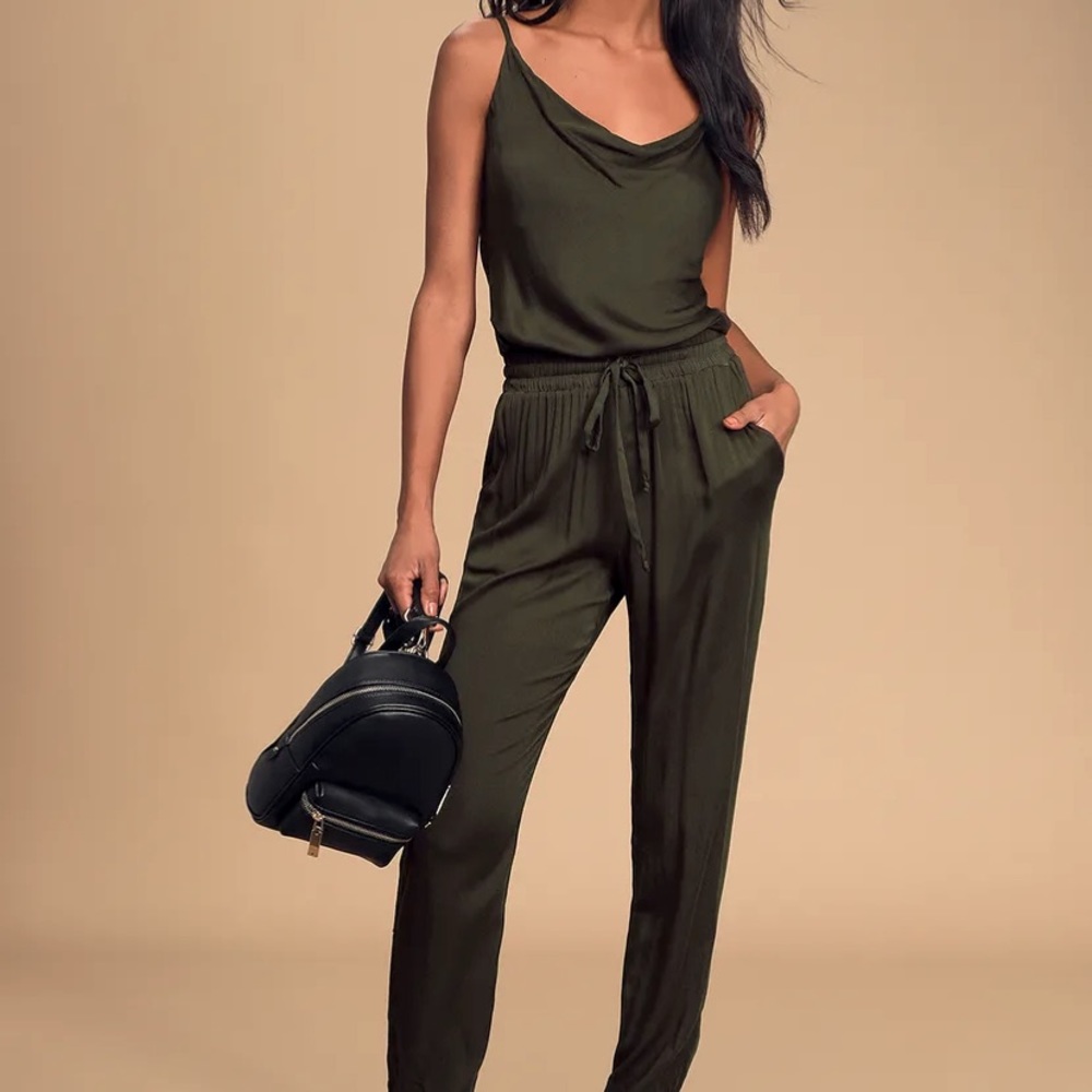 Lulu’s- Dark Olive Green Cowl Neck Jumpsuit